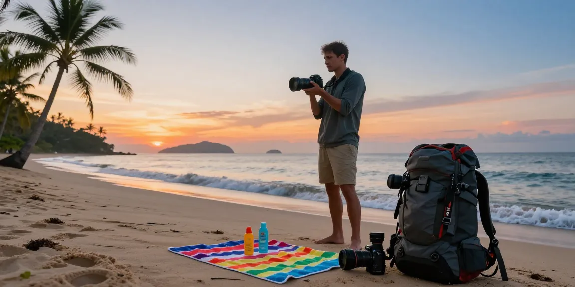 Fotografer di pantai tropis saat matahari terbit, https://miami4d.com/ membawa kamera profesional, suasana santai dan petualangan.