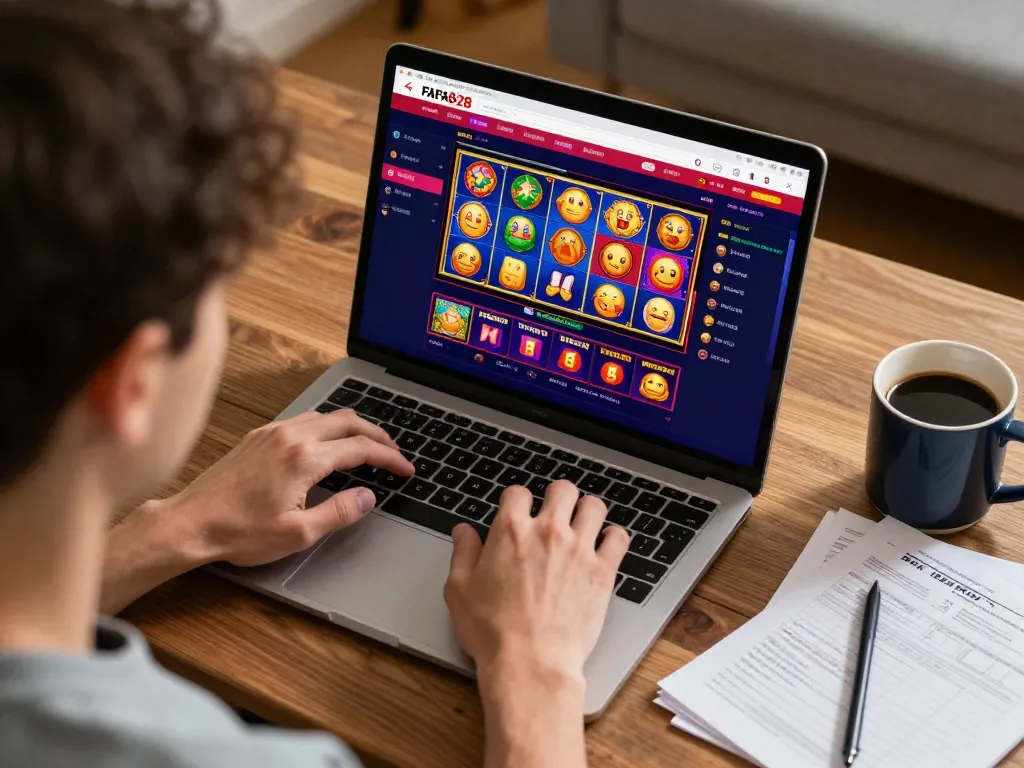 Player engaging with FAFA828 online slots on laptop in inviting home setting, showcasing responsible gaming.