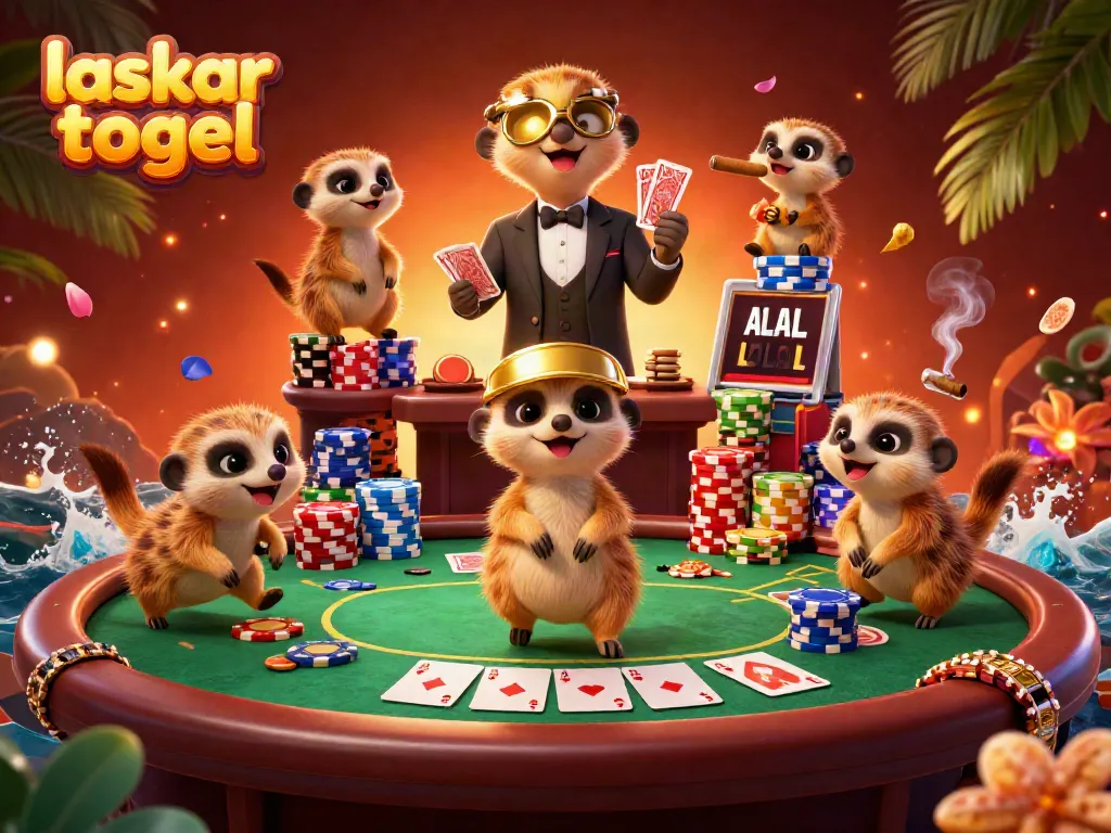 Laskar togel meerkats managing a lively casino operation filled with poker tables and chips.