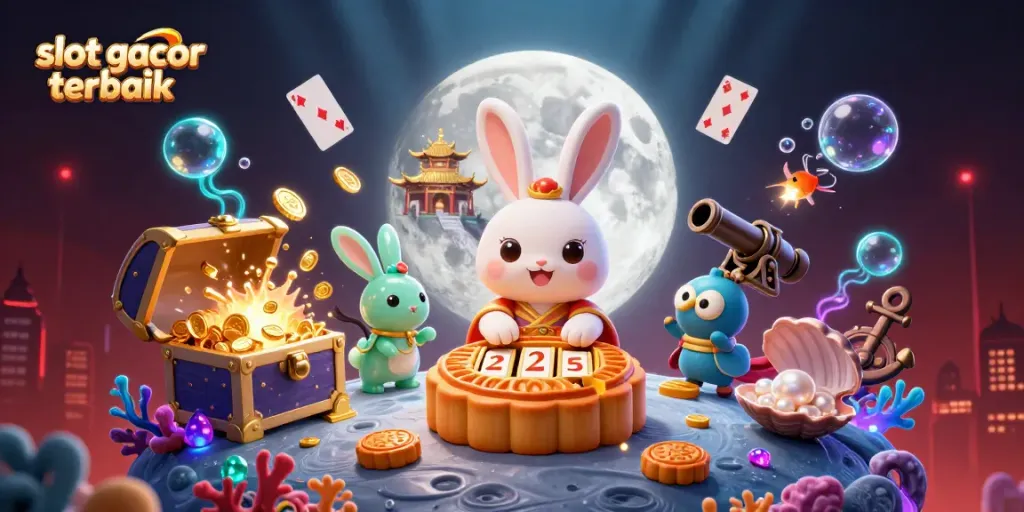 Slot gacor terbaik menawarkan ilustrasi dengan kelinci bulan yang memukul kue bulan dan simbol mesin slot.