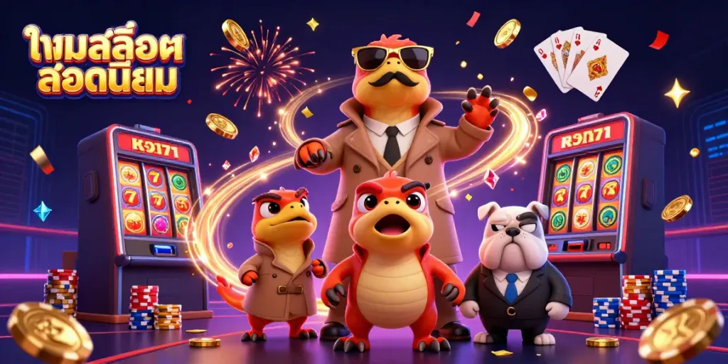 Experience the thrill of เกมสล็อตยอดนิยม with lively slot machines and dynamic cartoon characters.
