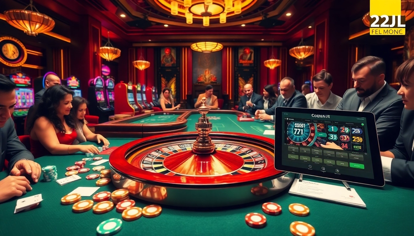 Excited players engaging with casino games at 22JL, featuring vibrant slot machines and roulette.