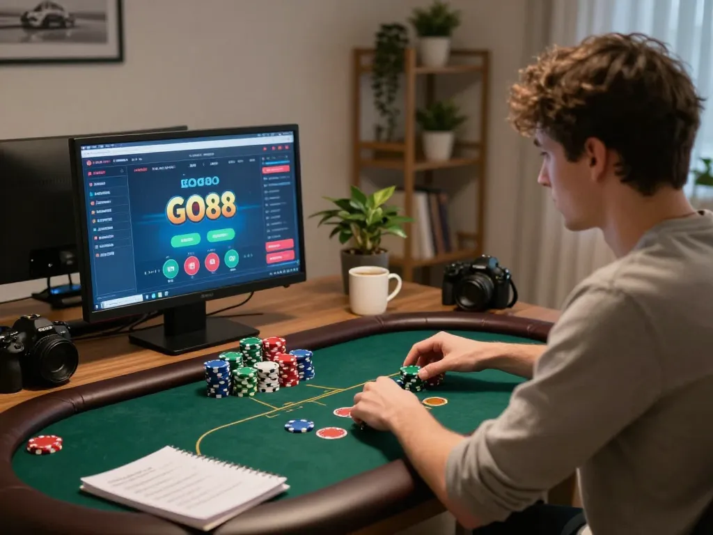 Player engaged in GO88 online poker game at home with strategy notes and cozy atmosphere.