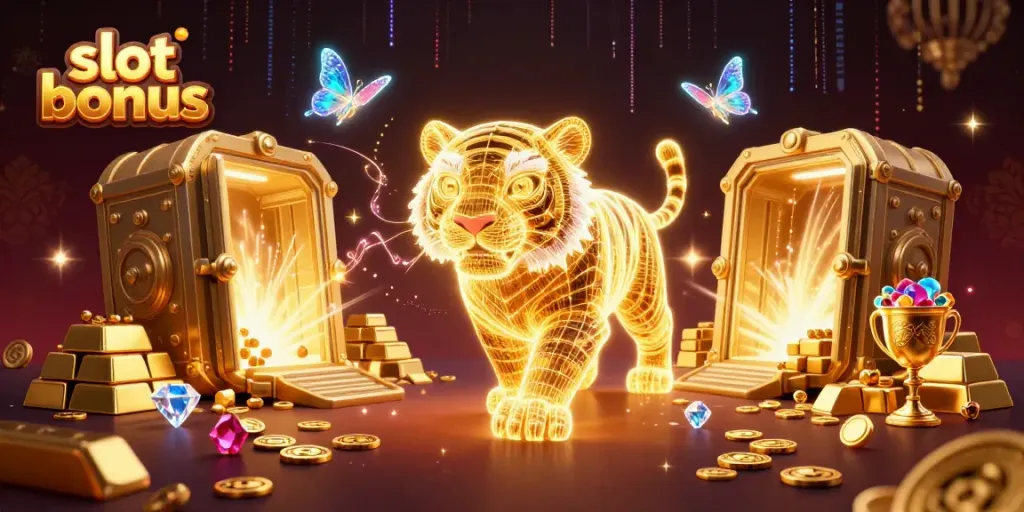 Engage with the exciting slot bonus, featuring the glowing tiger and treasures in a vibrant casino.