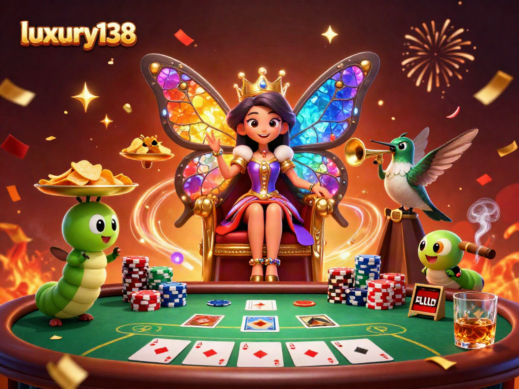 Gambarkan suasana meriah luxury138 di dunia kasino dengan ratu kupu-kupu dan permainan poker yang megah.