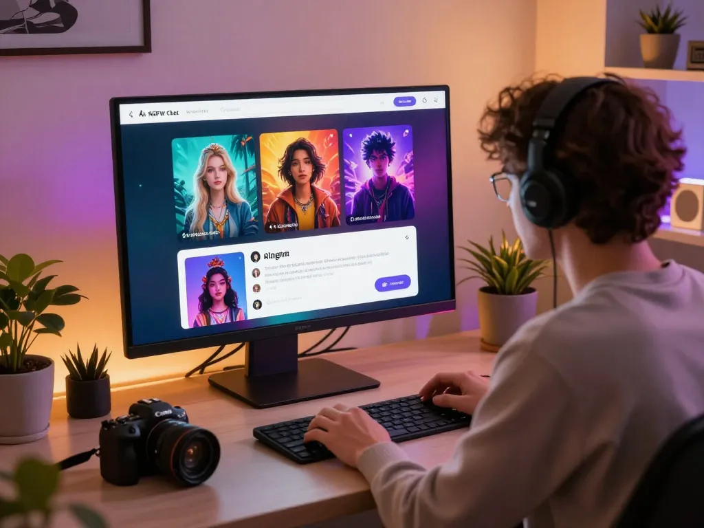 Engaging scene of a user interacting with an innovative AI sex chat platform, showcasing customization and vibrancy.