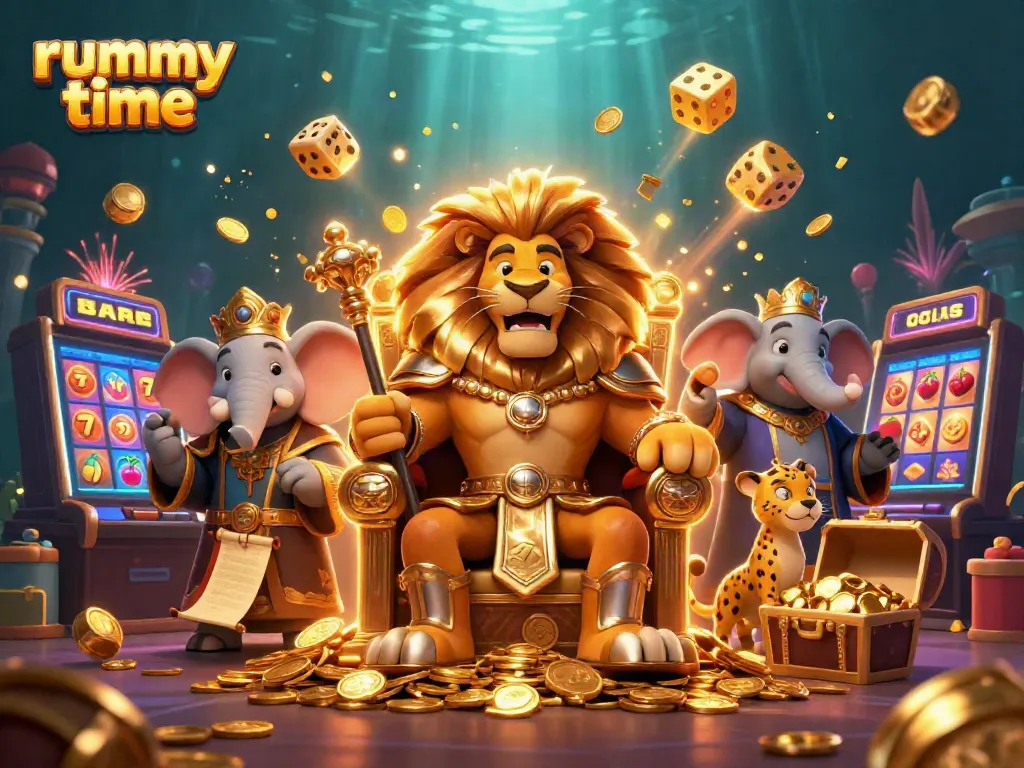 Engage in rummy time with a vibrant 3D scene showcasing a lion king, elephant advisor, and cheetah messenger amid casino elements.