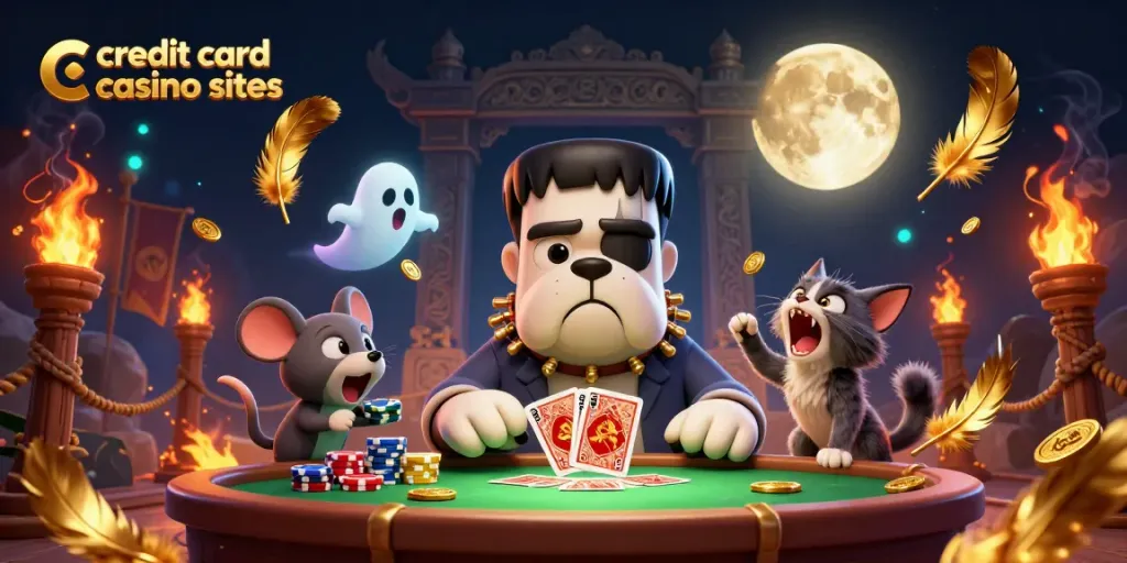 Engage with credit card casino sites featuring a lively scene of a Frankenstein bulldog dealer and festive gaming elements.