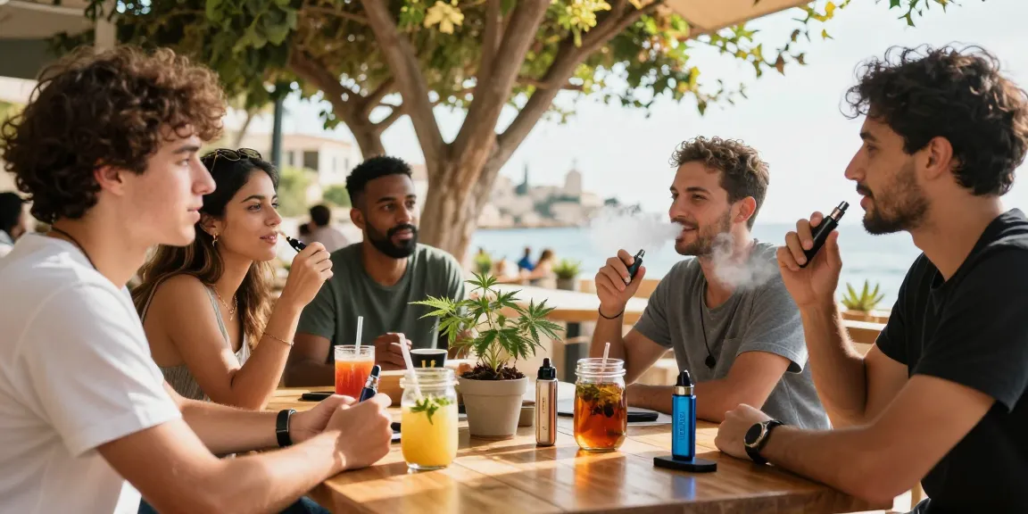 The legal age to vape in Cyprus highlighted as friends enjoy vaping in a vibrant cafe, emphasizing natural wellness and community interactions.