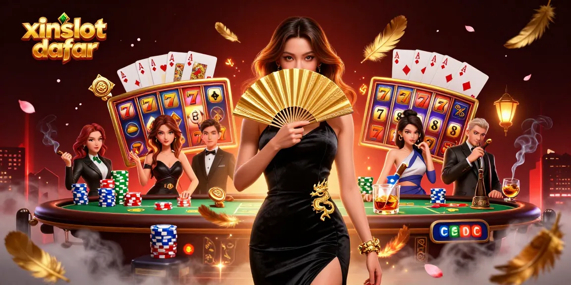 XINSLOT daftar showcases an exciting online casino experience with dynamic slot machines and poker elements.