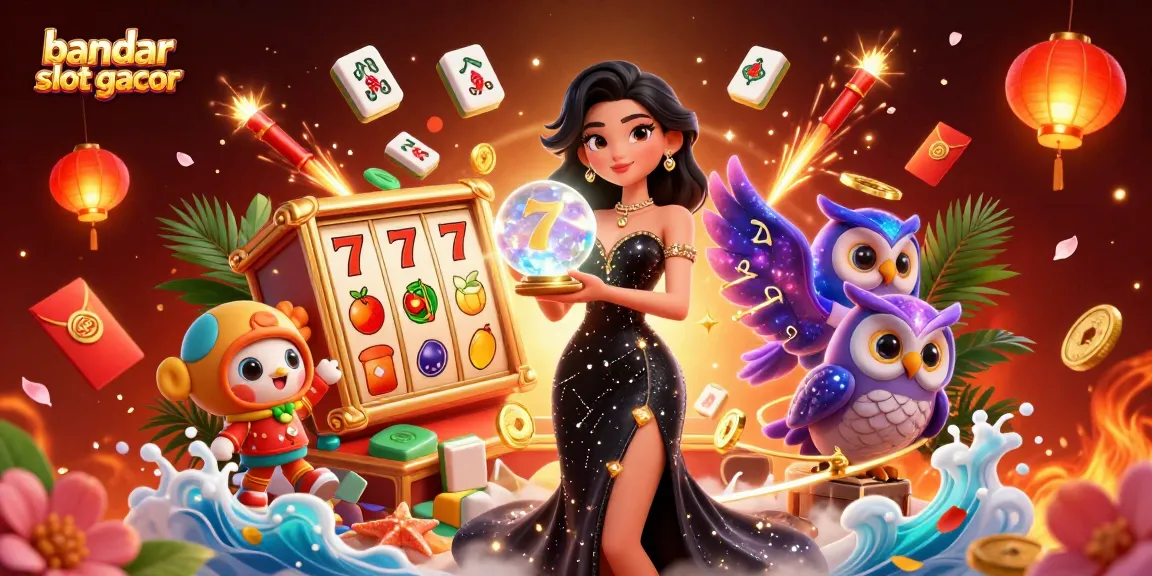 Engaging visual of bandar slot gacor featuring a woman with a crystal ball, firework elements, and vibrant casino symbols.