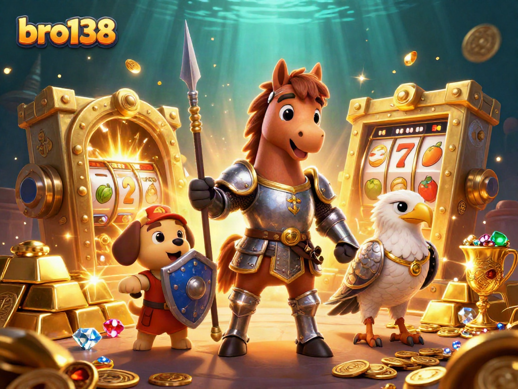 Spin to win with bro138's vibrant medieval casino theme, showcasing gold treasures and gaming elements.