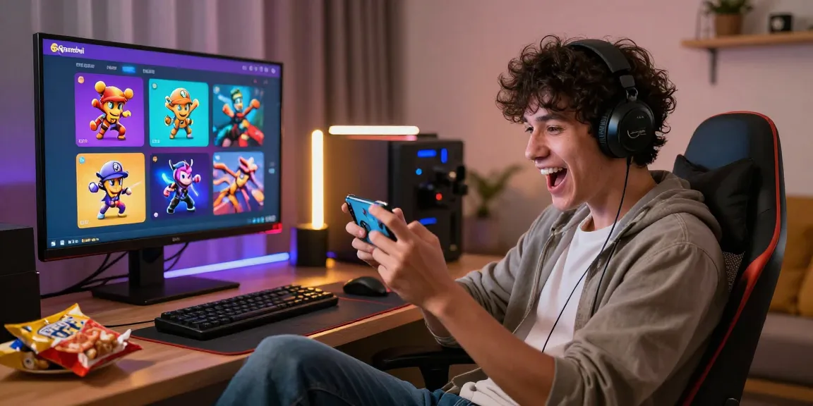 Excited gamer playing on mobile device with colorful 68gamebai game icons