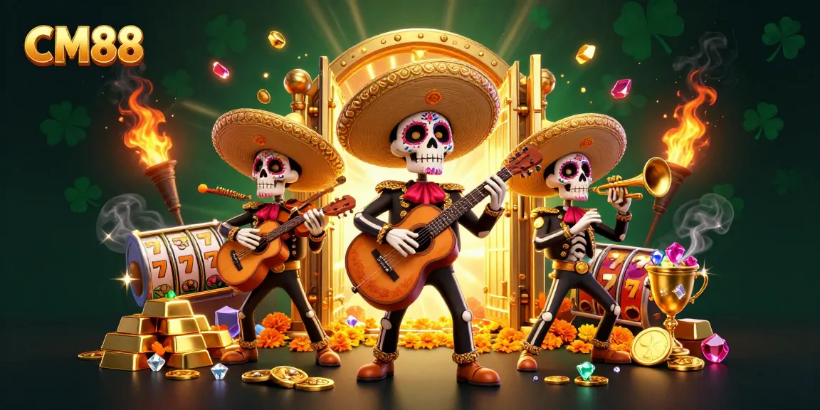 Engage in the thrill of CM88 with vibrant 3D illustration featuring a festive mariachi band and casino elements.