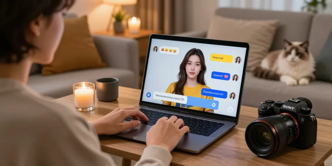 Person engaging with an AI girlfriend chatbot on a laptop in a cozy living room ambiance.