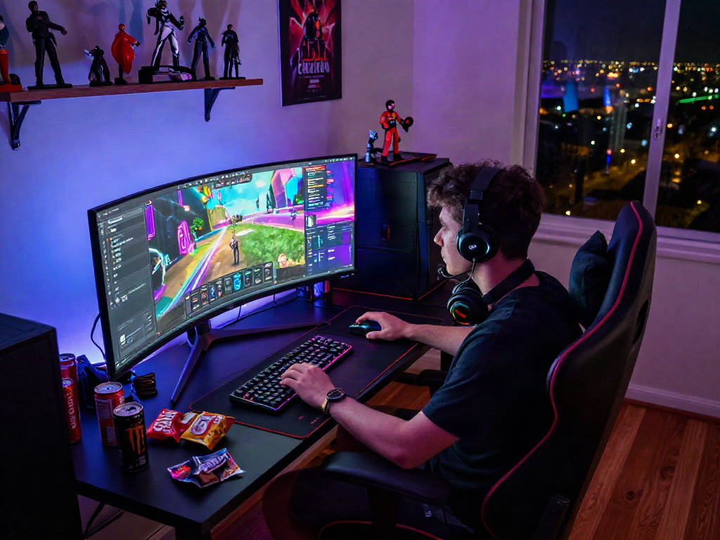 Gamer immersed in a dynamic porn game setup with vibrant LED lights