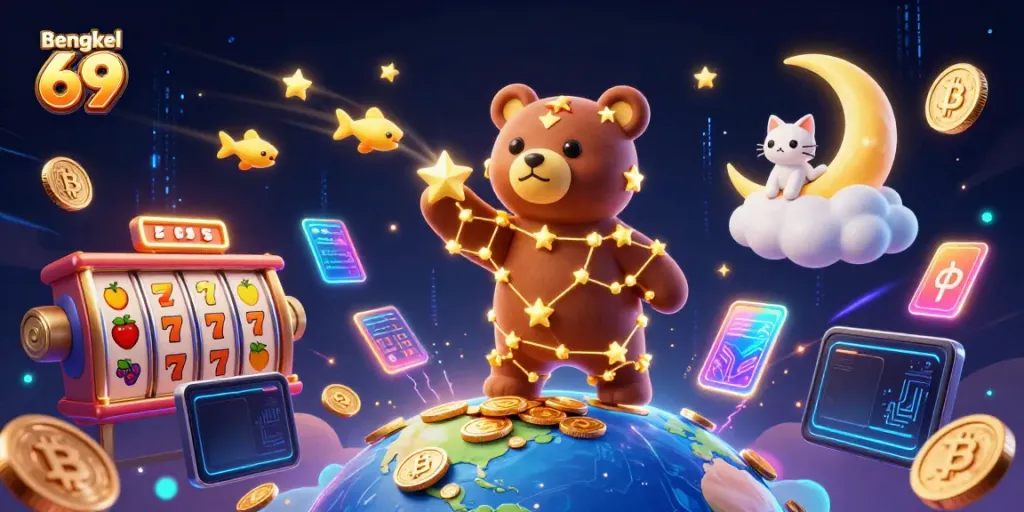 Engage with Bengkel 69 in this vibrant 3D illustrated scene showcasing thrilling slot reels and lucky symbols under a starry night sky.