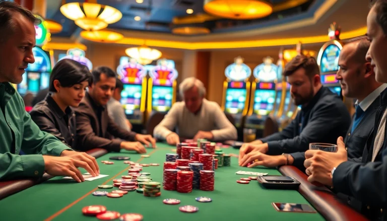 Engage with an exciting casino poker game featuring intense players and vibrant chips.