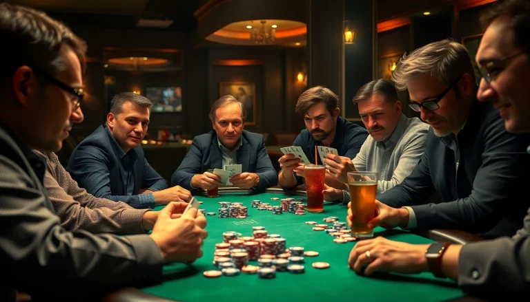 Players engaged in a competitive Poker Game in a lively casino environment, showcasing strategy and excitement.