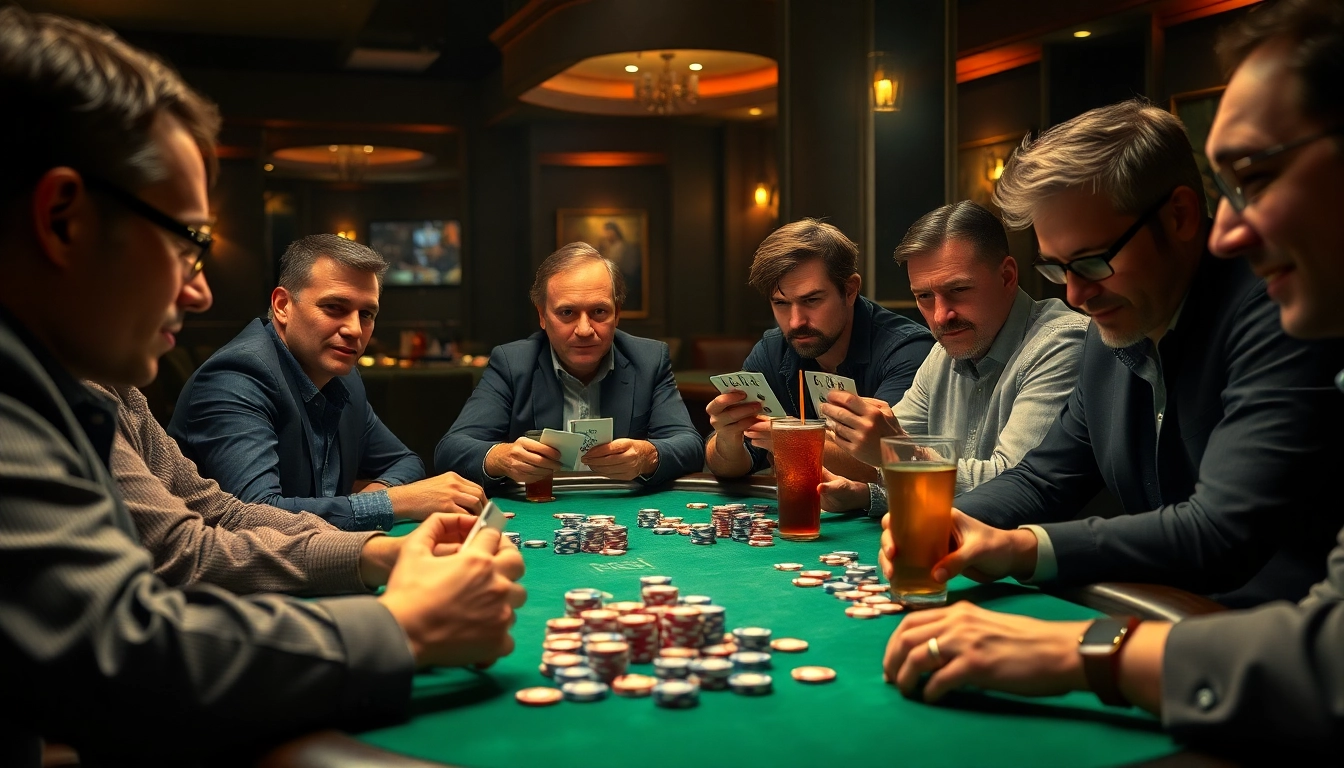 Players engaged in a competitive Poker Game in a lively casino environment, showcasing strategy and excitement.