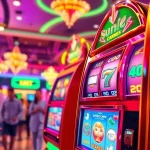 Permainan Slot Game menarik di mesin kasino penuh warna dan cahaya.
