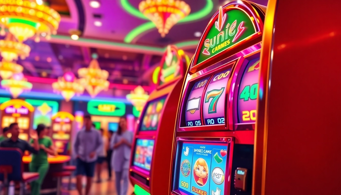 Permainan Slot Game menarik di mesin kasino penuh warna dan cahaya.