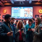 Engaged bettors analyzing Sports Betting odds on mobile devices in an active sportsbook setting.