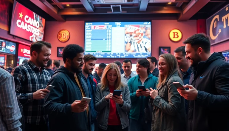 Engaged bettors analyzing Sports Betting odds on mobile devices in an active sportsbook setting.