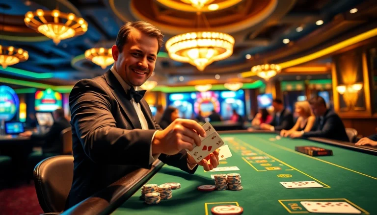 Engage in thrilling games at Blackjack Casino with a skilled dealer and vibrant atmosphere.