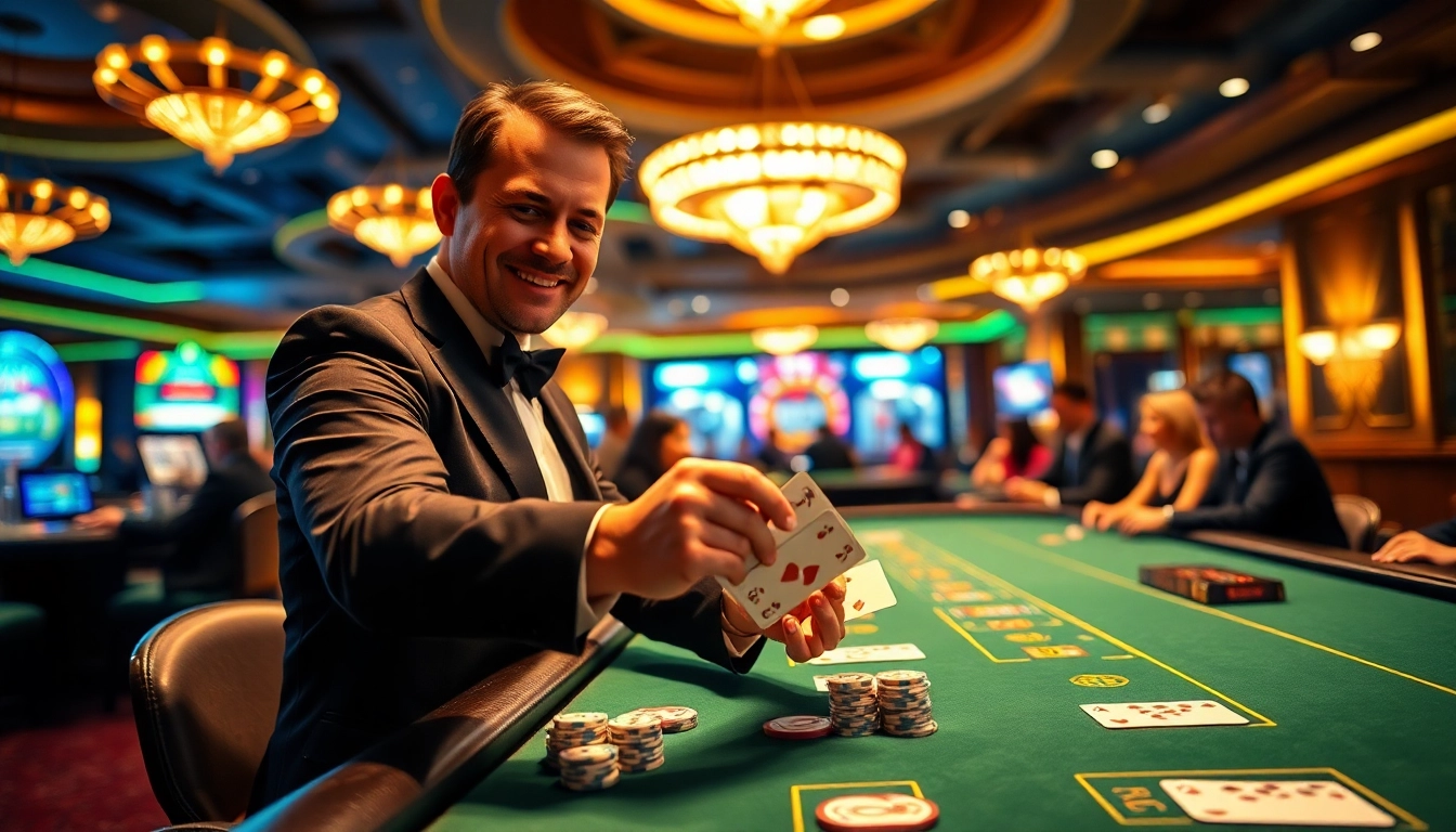 Engage in thrilling games at Blackjack Casino with a skilled dealer and vibrant atmosphere.