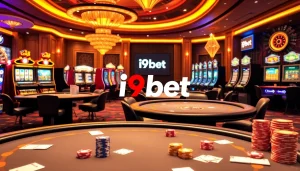 i9bet's lively casino scene showcasing poker tables, slot machines, and roulette wheels in a vibrant atmosphere.