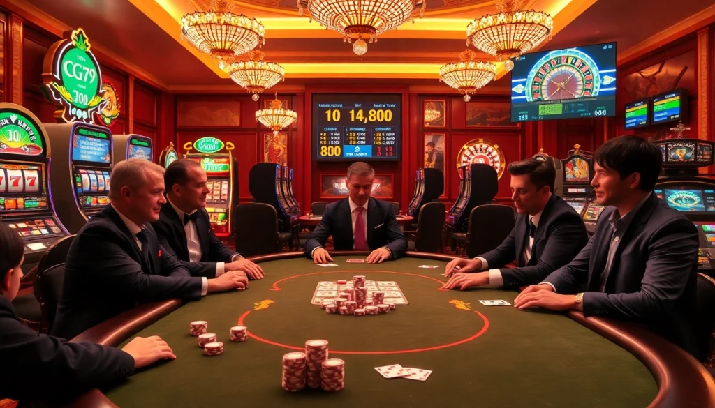Người chơi thưởng thức một ván poker đầy kịch tính tại bàn casino sang trọng, nhấn mạnh chiến lược cg79 để chiến thắng.