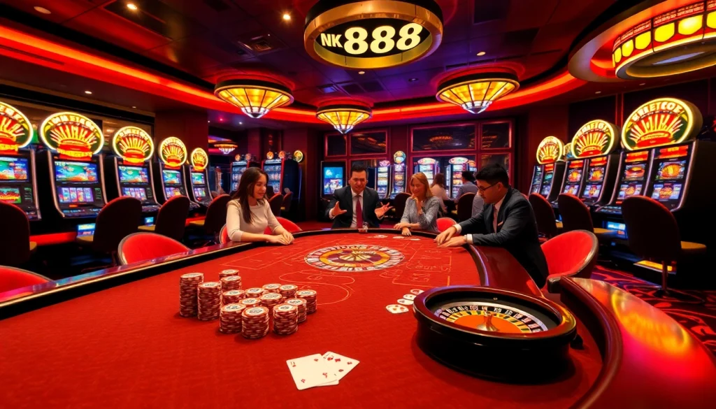 Win big at NK88 live casino games featuring poker tables and vibrant slot machines.