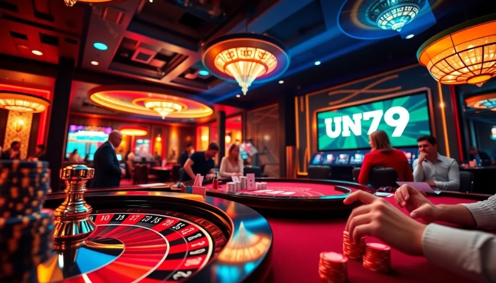 Gambling excitement with FUN79 poker chips and a vibrant roulette wheel.