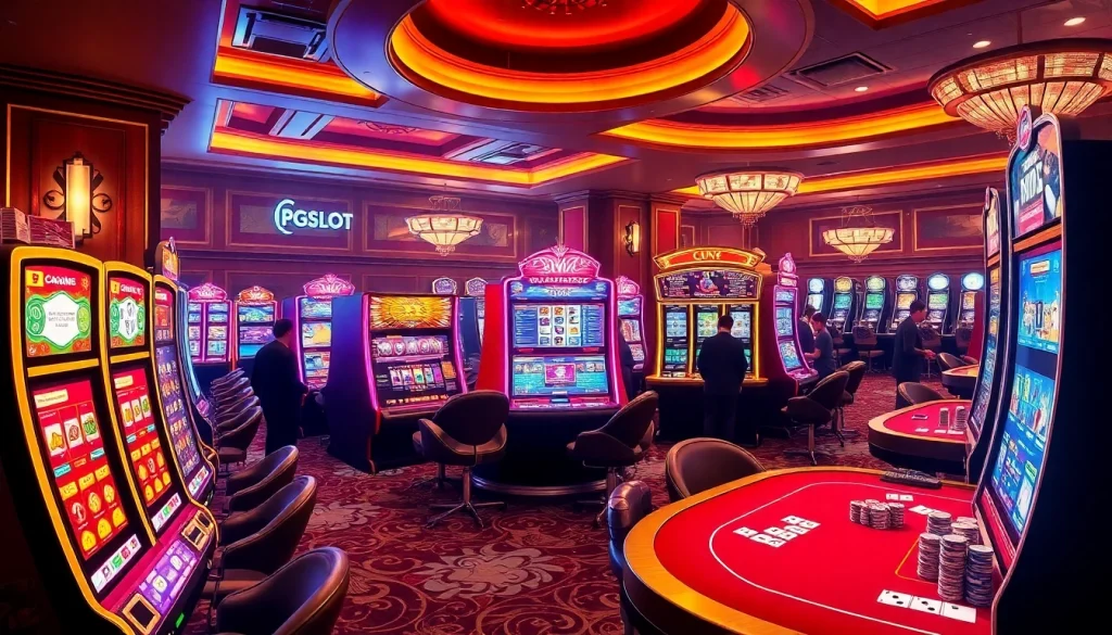 Engaging scene of players at PGSLOT IN themed slot machines in a luxurious casino.