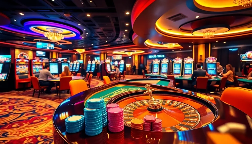 Experience the excitement of gambling at https://ek333pro.com/ with players engaging at poker tables and vibrant slot machines.