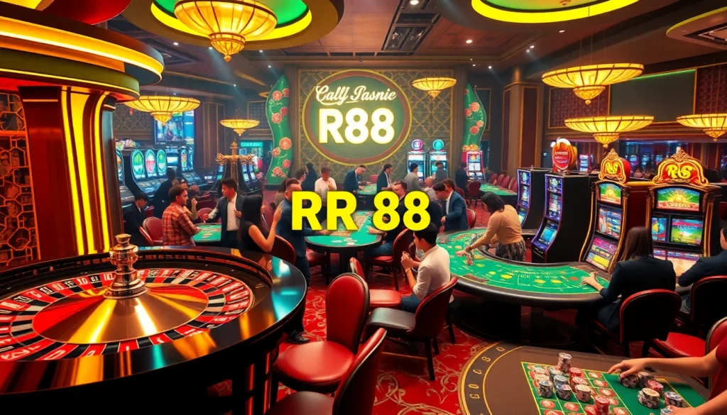 Experience the thrill of RR 88 with vibrant slot machines and an elegant poker table, showcasing the essence of online gambling.