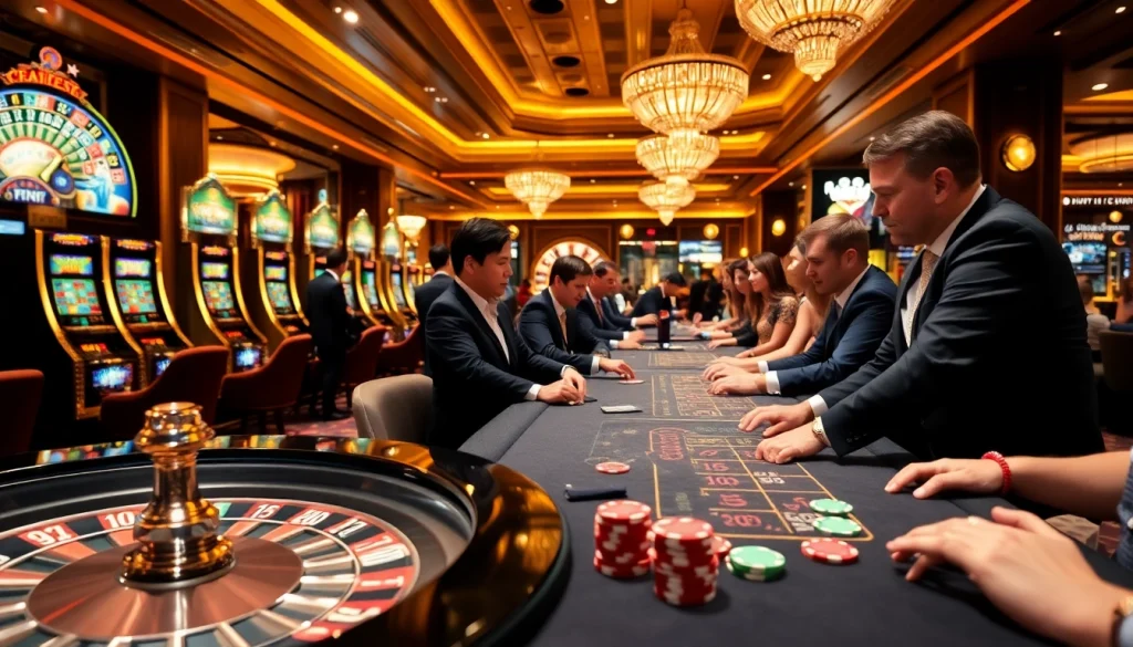 Engaged players enjoying a vibrant gaming experience at TG777 link online casino with tables and slots.