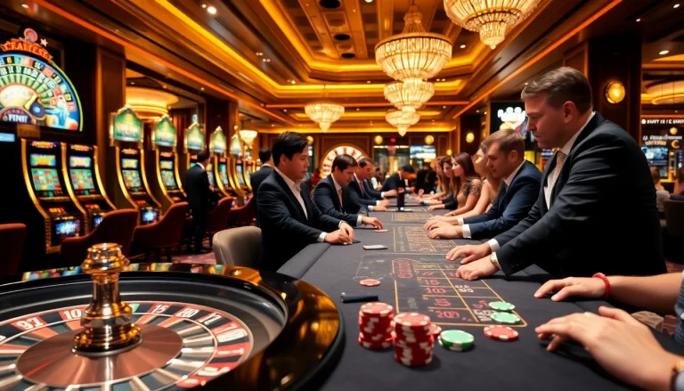 Engaged players enjoying a vibrant gaming experience at TG777 link online casino with tables and slots.