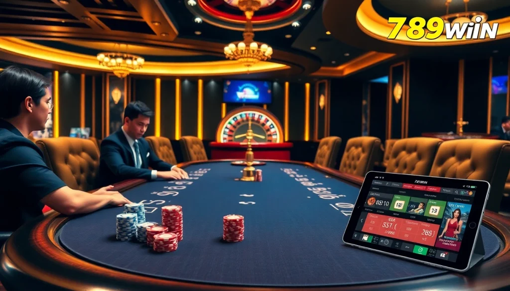 Join the excitement of 789win with players at a luxurious poker table amidst vibrant casino elements.