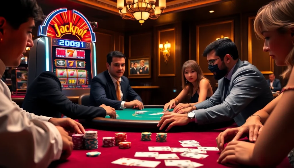 Boosterjp players engaging in a thrilling poker game with vibrant chips and cards.