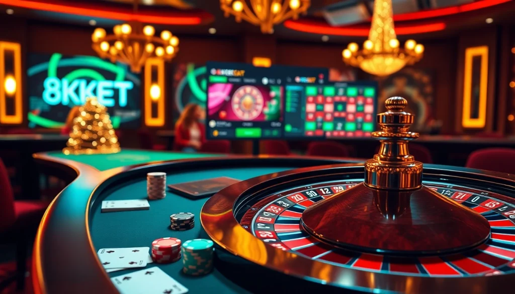 Enjoying table games at 8KBET with roulette and poker chips in an elegant casino.