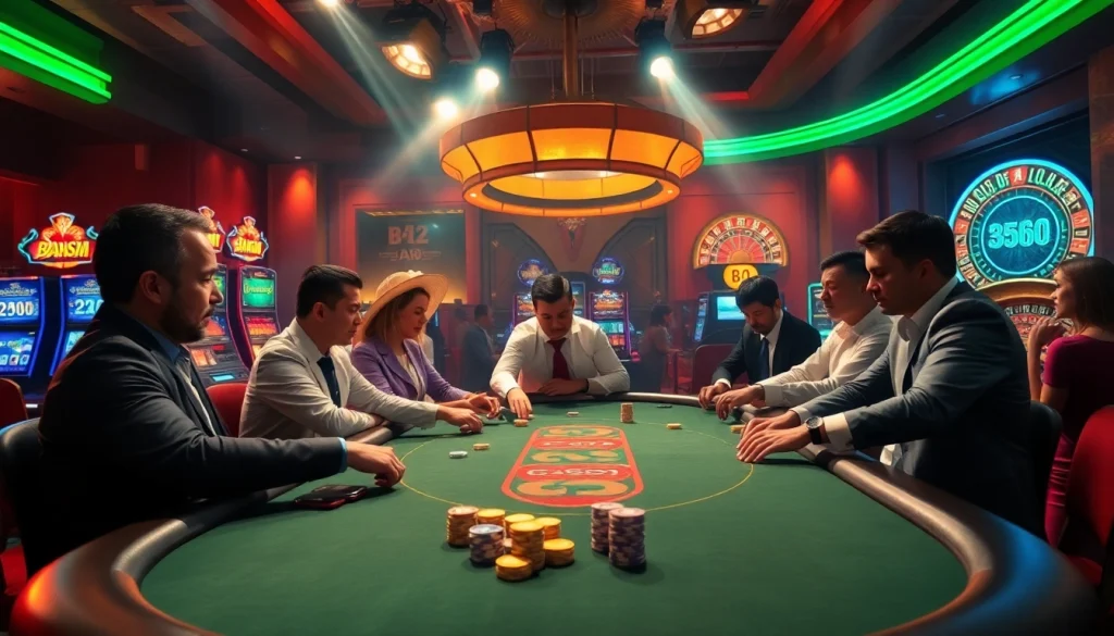 B52 poker table scene capturing the excitement of casino gameplay with vibrant chips and engaged players.