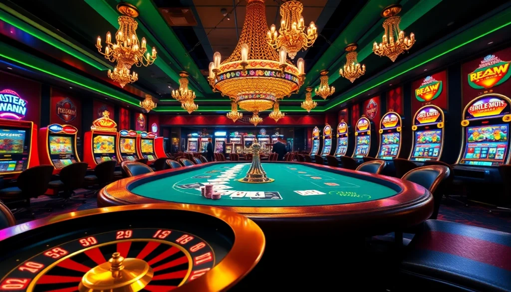 Experience GEM WIN at an elegant poker table filled with colorful chips and cards in a luxury casino setting.
