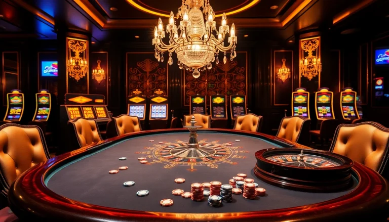 Engaging scene at 6L777 CLUB showcases high-stakes poker with bright slot machines in the backdrop.