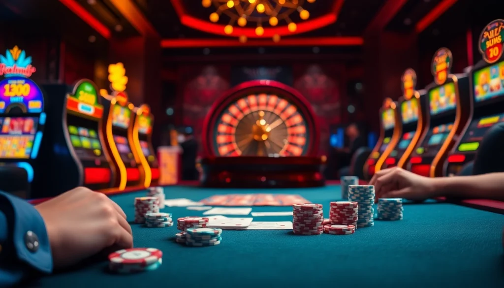 Exciting gaming atmosphere at kkwin.com showcasing vibrant poker chips and roulette.