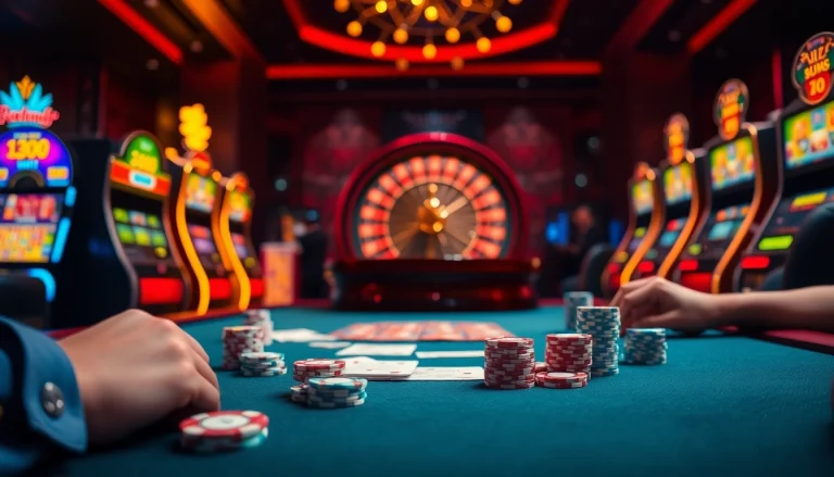 Exciting gaming atmosphere at kkwin.com showcasing vibrant poker chips and roulette.