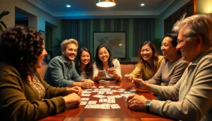 Excited players enjoying Yono Rummy in a cozy living room, showcasing camaraderie and fun.