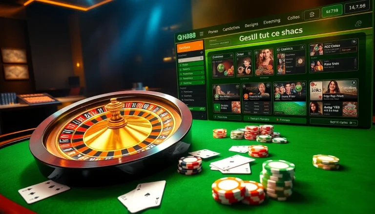 Experience QH88's vibrant online casino action with roulette, poker cards, and colorful chips.