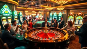 Players engaging intensely at a GO8 casino roulette table, surrounded by vibrant slot machines.